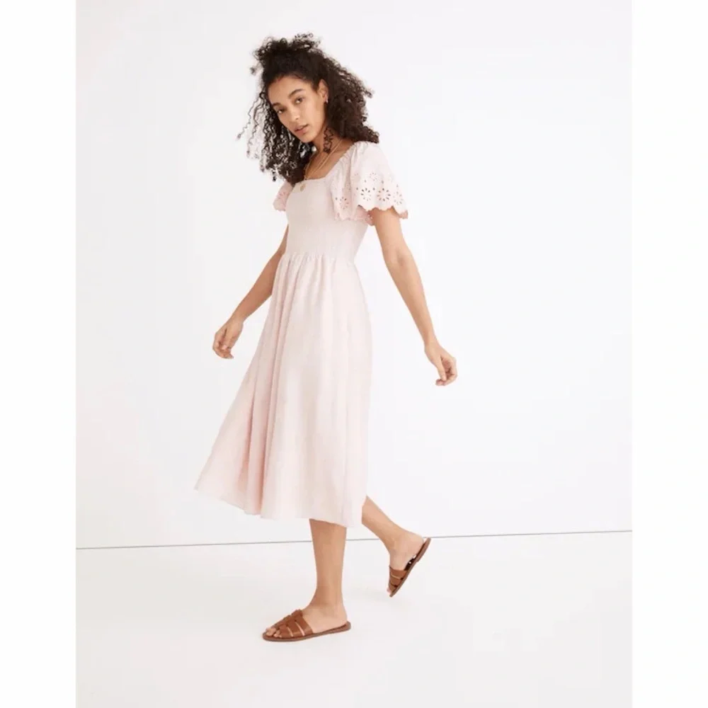 Madewell Linen-Blend Eyelet-Sleeve Lucie Smocked Midi Dress - Wisteria Dove - Picture 2 of 13